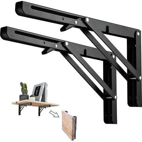 Équerre Pliante 300mm, Support Étagère Pliant, Lot de 2 Supports Muraux Pliants en Métal Noir, Charge Lourde, Équerre Rabattable pour Garage, Cuisine, Chambre, Jardin (1/5)