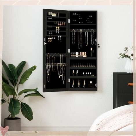 Armoire à bijoux avec miroir - VINGVO - 353218 - Miroir pleine longueur - Porte verrouillable (2 clés) - Noir 37,5x10x106 cm (1/5)