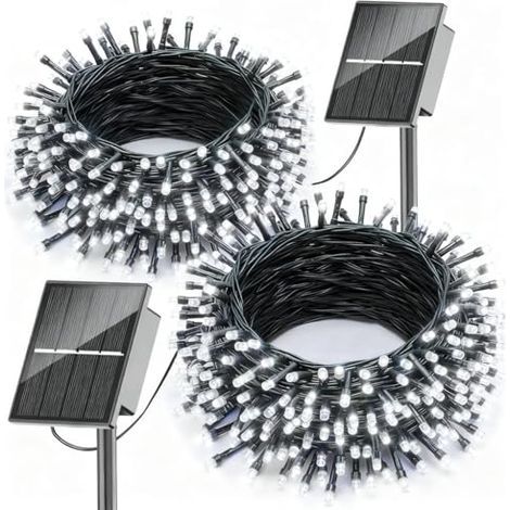 Lot de 2 guirlandes lumineuses solaires de Noël pour extérieur, 12 m, 100 LED, 8 modes d'éclairage, étanches, pour jardin, arbre, terrasse ou balcon, blanches. (1/5)