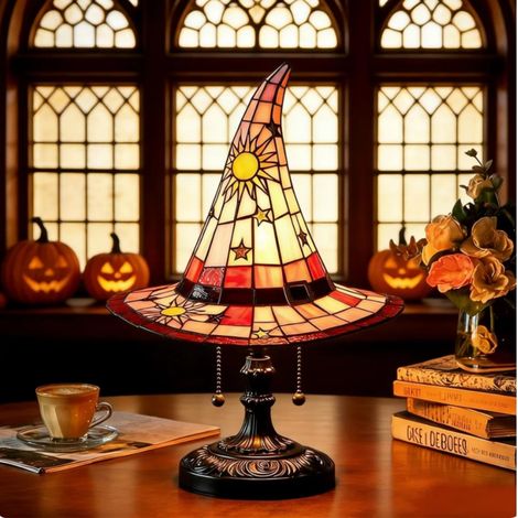 Beyamis Lampe chapeau de sorcière magique en vitrail à LED, veilleuse rouge en résine avec prise USB, petit ornement (1/5)