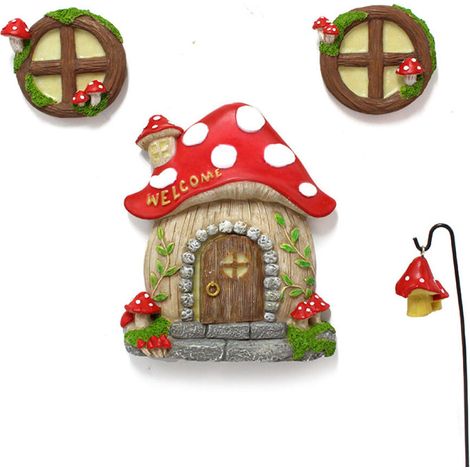Miniatur-Hausfenster und -tür mit im Dunkeln leuchtender Streulampe, schlafende Fee, Tür und Fenster, Gartenhof-Skulptur für Baumdekoration, Gartenhof (Pilz)