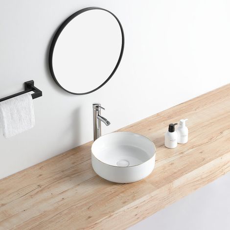 Stano. – Vasque à poser ronde en céramique vitrifiée Ø36 cm – Blanc mat liseré doré – Haute résistance chimique – Facilité de nettoyage