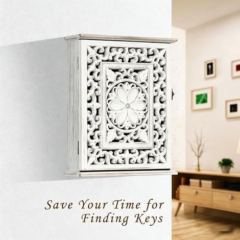 Wooden Key Box with European Compartments, Key Cabinet with 6 Hooks, Vintage White Keyring, Keyring, for Entryway, Hallway, Office, Medium Size 27 x 21 x 7 cm