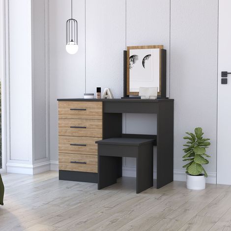 Tavolo da trucco con specchio Kaia, sedia inclusa, dimensioni 126,7 cm (L) x 100 cm (L) x 42,5 cm (P), finitura nero/miele (1/5)