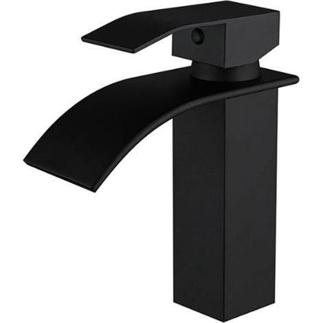 Badarmatur, Mischbatterie, Waschtischarmatur aus Messing mit schwarzer Lackierung, Waschbeckenarmatur im Wasserfall-Stil (1/5)