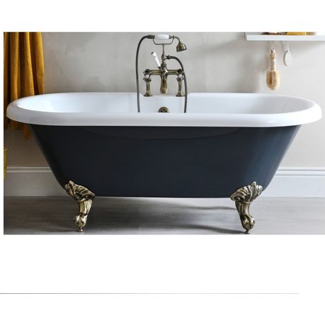 Milano Hest Stone Grey 1795mm x 785mm Bathroom Double Ended Freestanding Bath with Feet - Brushed Gold Feet