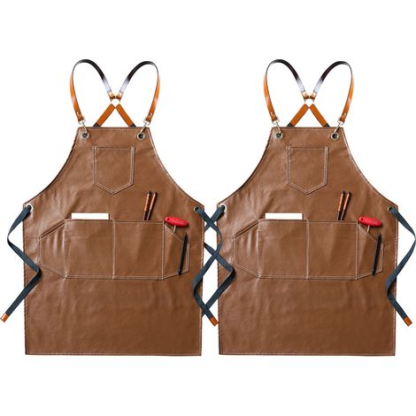 Tablier de chef, de barbecue et de travail - Tabliers pour femmes avec poches, tabliers en cuir PU résistant, bretelles croisées dans le dos - Pour hommes et femmes, pour le barbecue et la cuisine (lo