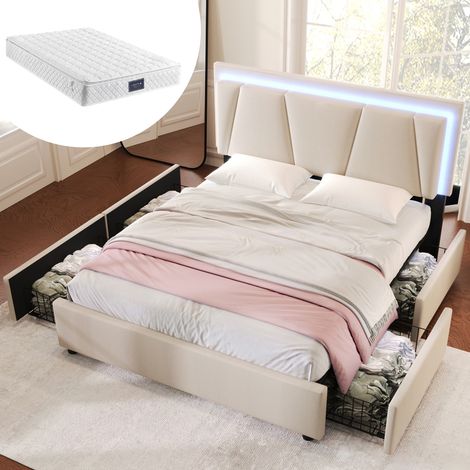 Letto imbottito con illuminazione LED e 4 cassetti, testiera regolabile in altezza, letto matrimoniale 140x200 cm, contenitore, giroletto, rete a doghe in legno (con materasso) (1/5)