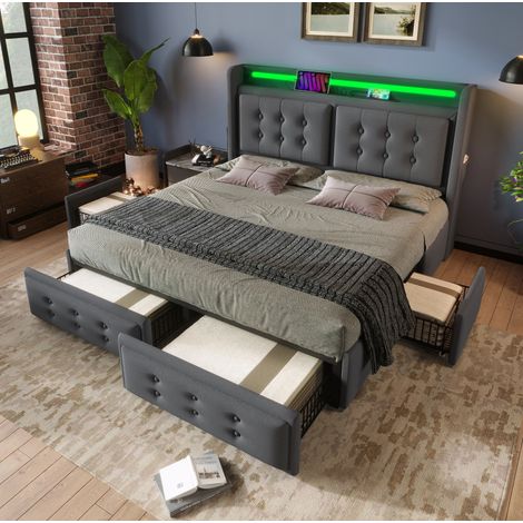 Lit rembourré 160x200 cm moderne en coton-lin gris, avec tête de lit, LED, USB/USB-C, 4 tiroirs et sommier à lattes (1/5)