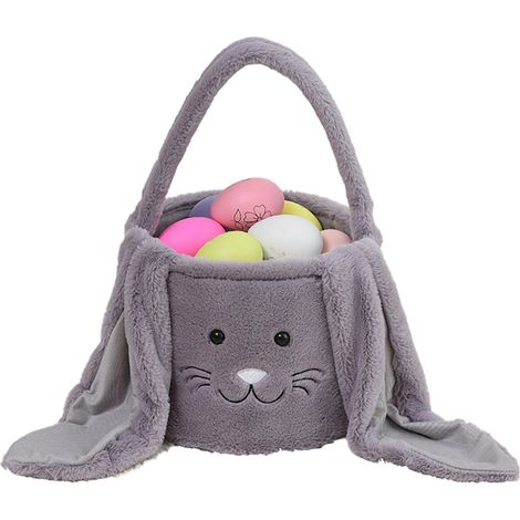 Panier de Pâques en peluche, 23 x 40 cm, gris – Sac cadeau et décoration pour la chasse aux œufs, compatible avec les bonbons de Pâques (1/5)