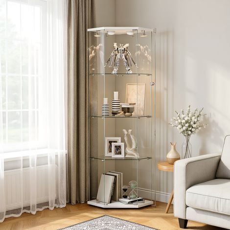 Vitrine d'angle en Verre avec Éclairage tactile, Vitrines à cinq coins avec 1 Porte 4 étagères Verre, Meuble Vitrines, pour chambre, salon et salle à manger, 60 x 40 x 162 cm, Blanc (1/5)