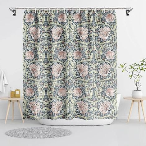 Ensemble rideau de douche floral vintage, rideau de salle de bain imperméable en polyester avec 12 crochets, décoration de salle de bain élégante, bleu et rose 183 x 183 cm (photo couleur). (1/3)