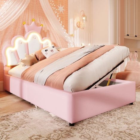 Lit coffre - lit 90x200 cm - avec LED, rangement, tête de lit réglable forme couronne - en PU rose - sans matelas (1/5)