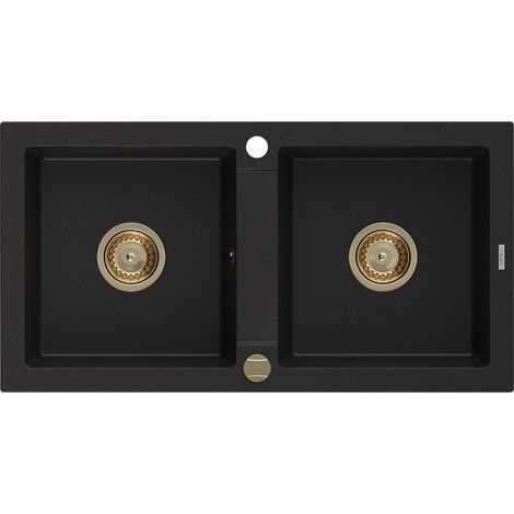Mexen Mario évier en granit à 2 cuves 820 x 436 mm, Noir, siphon Or - 6504822000-77-G (1/5)