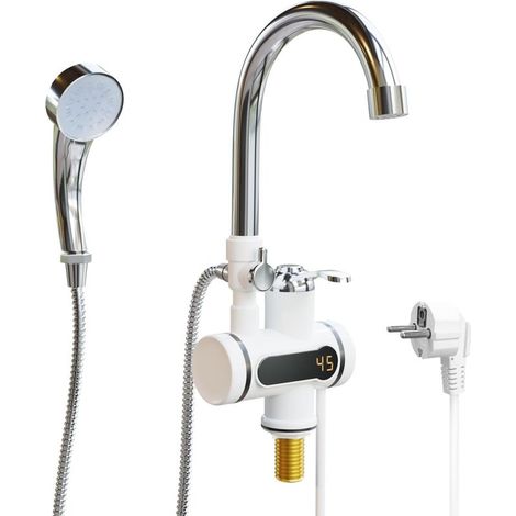 Cuisine Electrique Chauffe-Eau Robinet d'eau Chaude et Froide à Double Usage Instantanée Chauffe Robinet 220V 3000W avec Affichage de la Température et Douche Amovible Tete Electrique (1/4)
