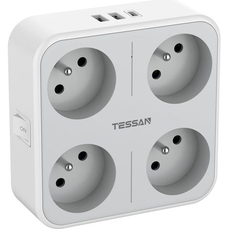 Multiprise Murale Française 4 Prises avec 1 USB C et 2 USB A, Gris (1/5)