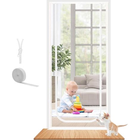 Moustiquaire renforcée pour chat de taille 90 x 200 cm, robuste avec fermeture éclair, empêche les chiens et les chats de courir de chez eux (blanc) (1/5)
