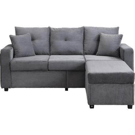Sofá esquinero en L de 3 plazas con ottoman extra grande y cojines, tejido de cordón gris (1/5)