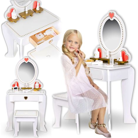 Tocador de niña de madera, espejo, accesorios, blanco, elegante, neutro. (1/5)