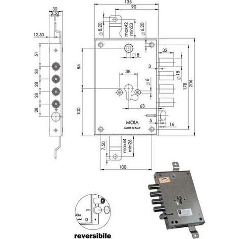 Serratura Blindata Moia 664/280 DFB TIPO Mottura 571 con Fibbia Infilare per Porta Blindata