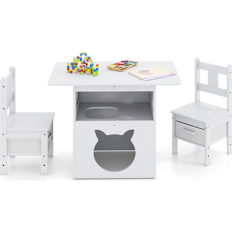Kindertischset mit Katzenhaus, 2 Stühlen und Aufbewahrungsboxen