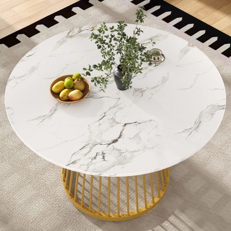 Table à manger ronde 80x80x76 cm en mdf effet marbre avec pieds métalliques dorés pour salon ou salle à manger, pour 4 personnes (1/5)