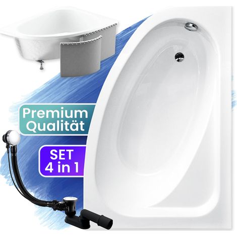 Badewanne Eckbadewanne 140x80 Rechts mit Styroporverkleidung, Ablauf & Füße GRATIS - Komplettset 4in1 Original Acryl Wanne Siphon - BADLAND CORNEA (1/5)