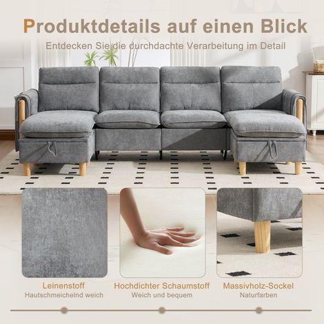 Grand canapé d'angle en U avec deux poufs de rangement  canapé modulable quatre places avec pieds de table en bois  canapé confortable en tissu, idéal pour le salon et l'espace familial (chenille gris (1/5)