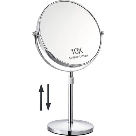 Miroir de Maquillage Double Face - 1 Unité - Métal Chromé - Grossissant 1x/10x et Réglable - Pour Salle de Bain et Coiffeuse - Hauteur 35,6 à 43,2 cm (1/5)