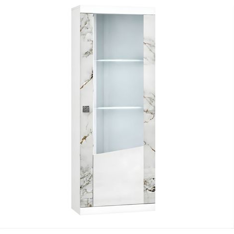 Vitrine droite 1 porte avec leds laqué blanc et imitation marbre - ETOLIS (1/3)