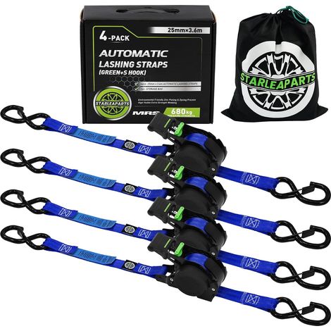 Lot de 4 Sangles à cliquet rétractables, 680KG de résistance à la Rupture, 3.6m 25mm d'arrimage à rétraction Automatique, Sangles a Cliquet Automatique pour Moto, Kayak et Camion, Bleu (1/5)