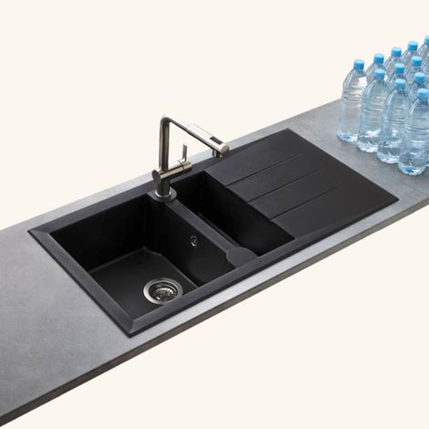 Kümbad – Évier résine noir moucheté 1 bac 1/2 – Évier à encastrer avec égouttoir réversible – Bonde incluse – Dimensions 1000x500mm