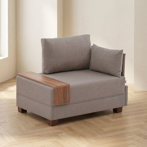 Modern Sessel Beigefarbene Stofffliege – rechts – mit Holztisch