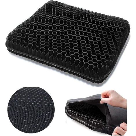 Doppelt dickes Gel-Sitzkissen mit rutschfestem und atmungsaktivem Wabenbezug für Rollstuhl, Autositz, Bürostuhl (Schwarz) (1/5)