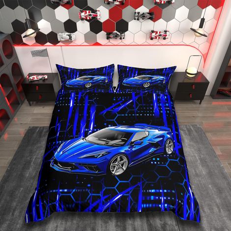 Parure de lit 135 x 200 cm avec housse de couette 135 x 200 cm, motif voiture de course, pour garçons, filles, adolescents, voitures de sport (1/5)