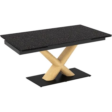 Table extensible 160 à 240 cm verre bullé gris pied central X plaqué bois clair - ATLANTA 13 (1/5)