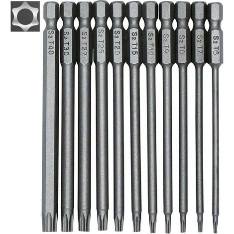 Jeu 11 Embouts Longs Torx Tournevis Visseuse Électrique Magnétiques Tige Hexagonale 1/4" Tailles T6 à T40 Longueur 100 mm-KZQ