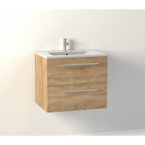 Sanitaire – Meuble double vasque suspendu bois clair 60 cm – 2 tiroirs à ouverture totale – Plan vasque céramique blanc brillant – Ralentisseurs de fin de course