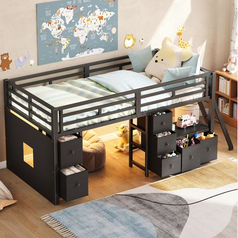 Lit mezzanine enfant 90x200 cm noir en MDF et métal avec 7 tiroirs, LED et espace de jeu (1/5)