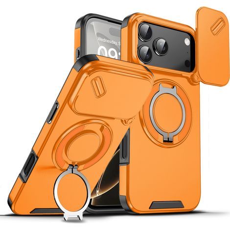 Phone case, stand phone case, shockproof protective case for iPhone 17 Pro Max, shockproof phone case with sliding camera cover, rotating ring stand, compatible with MagSafe accessories, magnetic shoc (1/5)