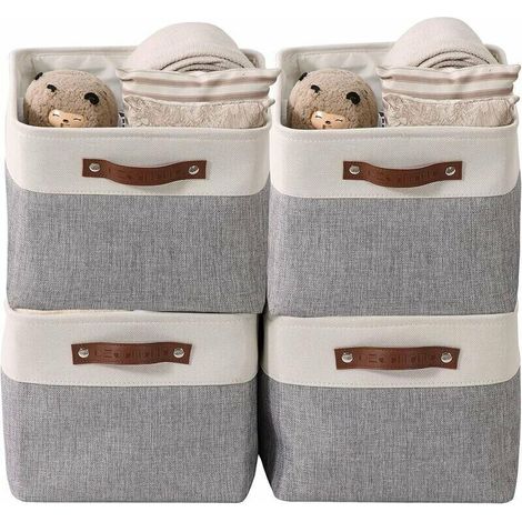 paniers de rangement pliables en tissu cationique robuste et pliable avec poignées pour étagère pour chambre d'enfant ou penderie (Gris et blanc, Large 4 Pack) (1/5)