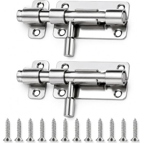 2 Targettes de Porte Coulissantes 4 Pouces en Inox, 12 Vis Incluses Loquet coulissant, verrou de porte, fermeture robuste, fenêtre, placard, portail, cabanon, abri de jardin, garage (Argent) (1/5)