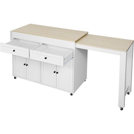 Carro de Cocina con Cajones y Encimera Extensible con Ruedas para Cocina y Comedor en MDF 112-180.5x45x92.2 cm Blanco y Natural (1/5)