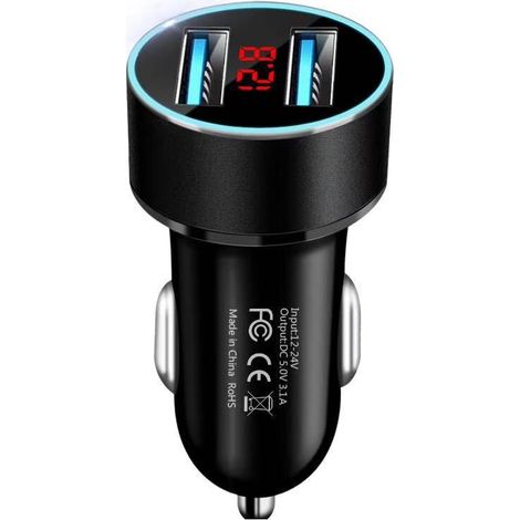 Dual USB digital display car charger, 5V 3.1A display, new fast charging car charger with LED - black (1/3)