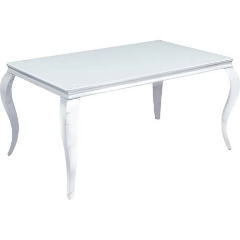 Table à manger BAROQUE 4 à 6 couverts pieds chrome plateau en verre 150x90 cm blanc