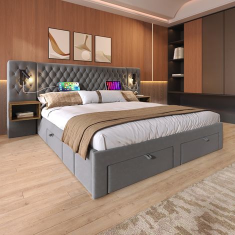Ensemble chambre complet avec lit double rembourré 160x200 cm, 2 tables de chevet et 4 tiroirs, tête de lit avec liseuse et USB, velours gris (sans matelas)