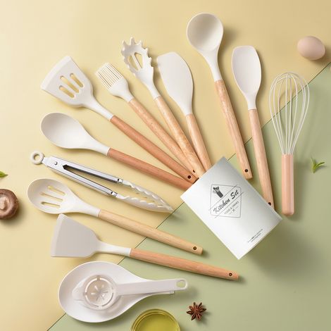 Coffret 14 pièces ustensiles de cuisine silicone manche bois léger, seau rangement inclus, pour poêles antiadhésives, cuisson complète (1/5)