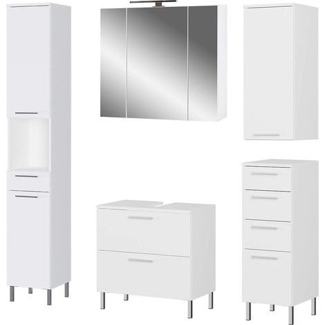 Ensemble de Salle de Bain 5 pièces composé d'un Meuble sous lavabo, d'une Armoire à Miroir, d'une Armoire Basse, d'une Armoire Suspendue et d'une Armoire Haute, de Couleur (1/5)