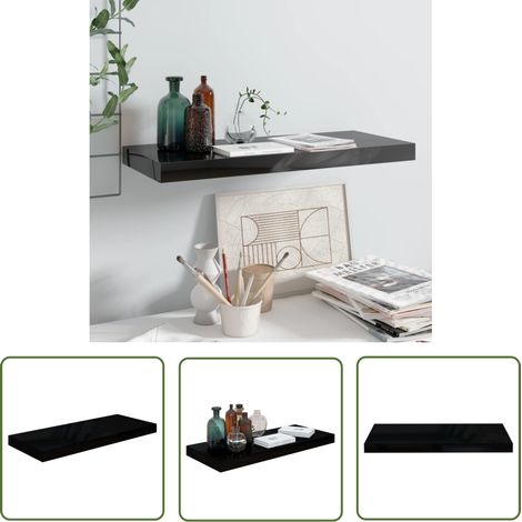 The Living Store Étagère murale flottante Noir brillant 60x23,5x3,8 cm MDF - Étagère Murale - Étagère Flottante - Décoration Murale - Rangement Mural - Meuble Design (1/5)