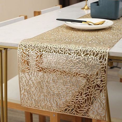 HOXILEELEOChemin de table creux antidérapant décoratif en PVC, sets de table résistants à la chaleur pour la maison(150 cm x 30 cm) (doré) (1/5)